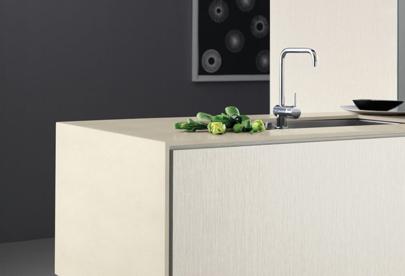 Laminex Solid Surface Waterfall kitchen island in Champagne